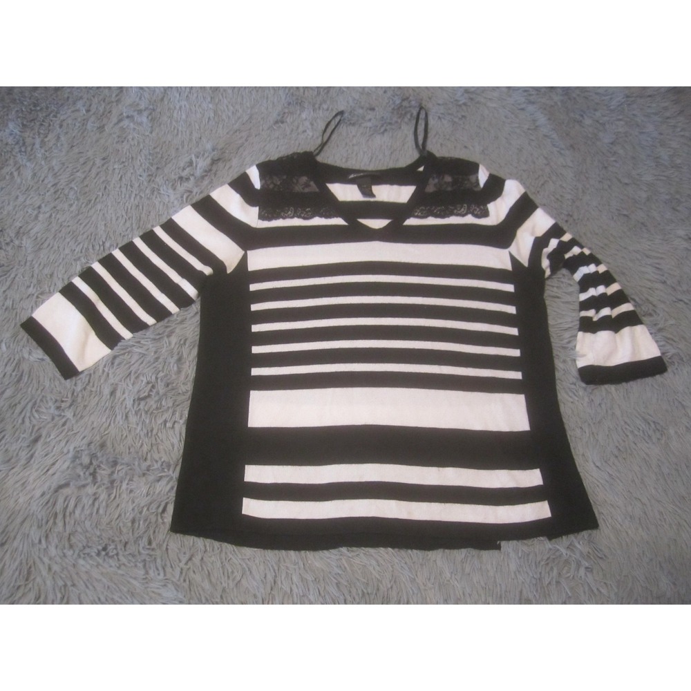 Lane Bryant Knit Sweater Womens 14/16 Black White Striped Lace V Neck 3/4 Sleeve
